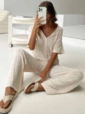 Princess Polly Elizondo Crochet Boho Coastal Two Piece Pants & Shirt Set M/L